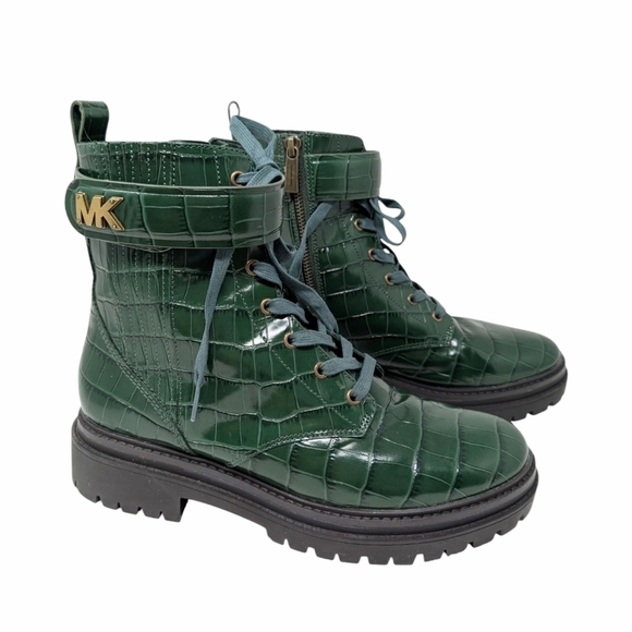 NWOT MICHAEL KORS Stark Crocodile Embossed Leather Combat Boot green - Picture 4 of 8